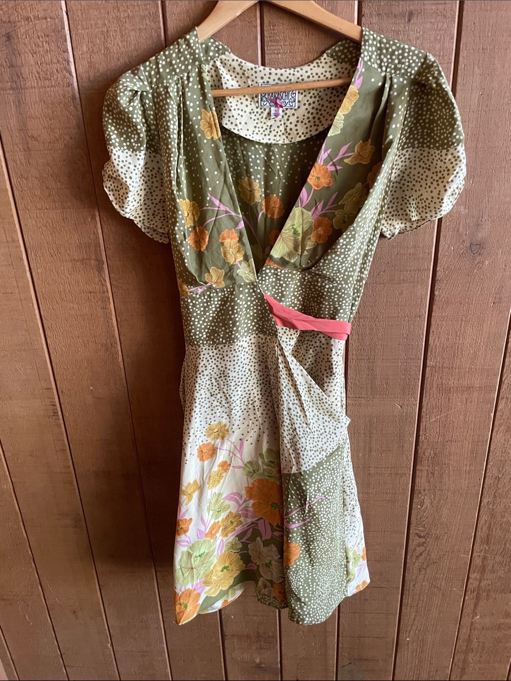 Yoana Baraschi Olive Green Floral Mini Dress with Pink Accent